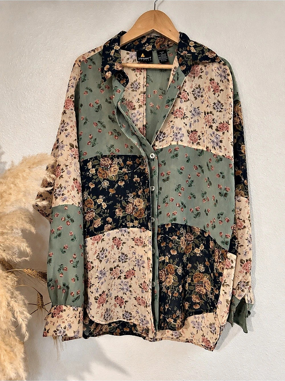 Vintage 90s LizSport Petite Patchwork Floral Button Up Blouse S Cottagecore